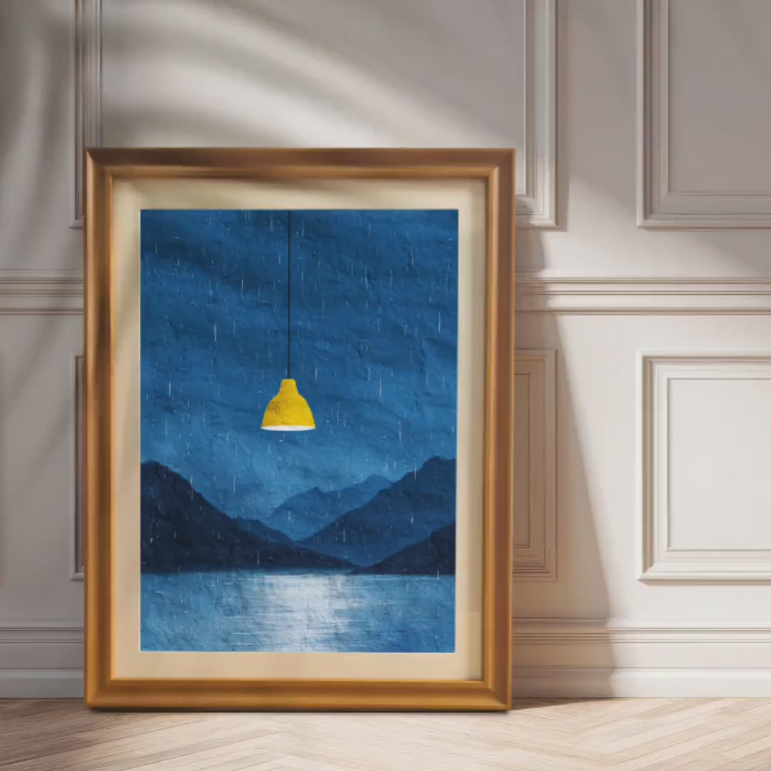 Wood Framed Rainy Night Lake Yellow Lamp Scene Art Print