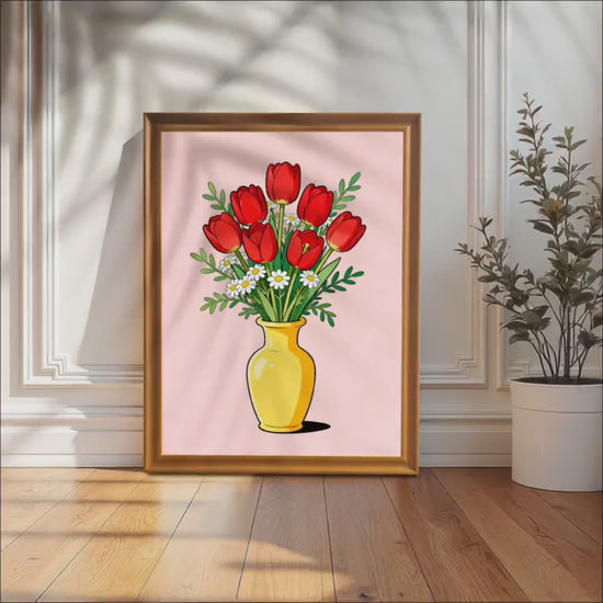 Red Tulips Floral Art Print, Yellow Vase, Wood Framed Giclée