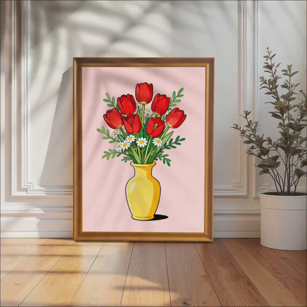 Red Tulips Floral Art Print, Yellow Vase, Wood Framed Giclée