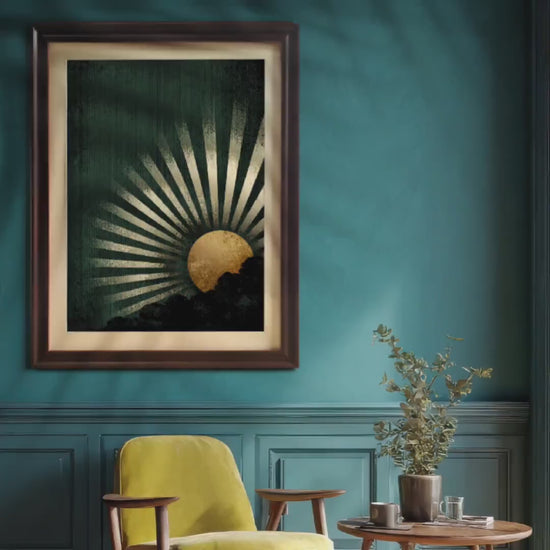 Gold Sun Rising in Deep Green Wood Framed Art Print