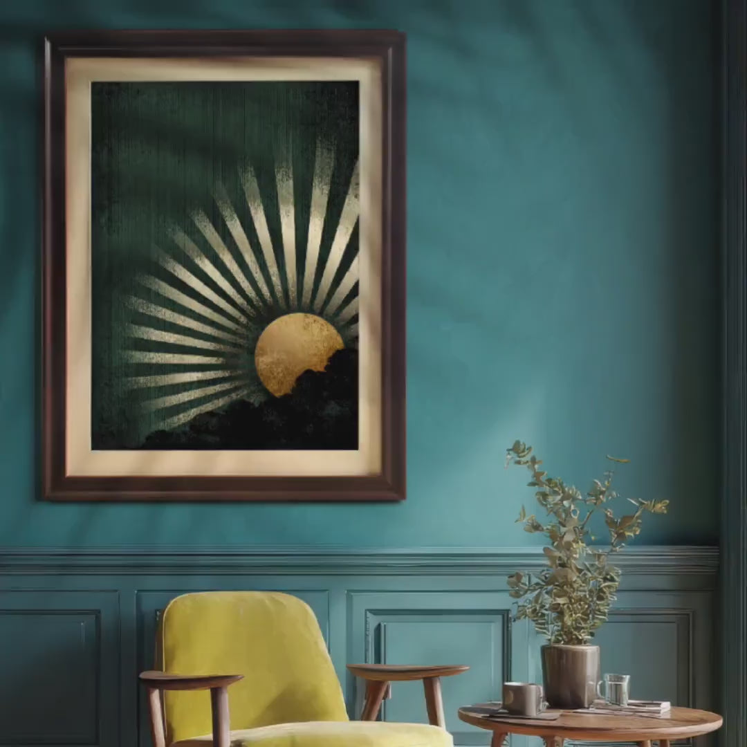 Gold Sun Rising in Deep Green Wood Framed Art Print