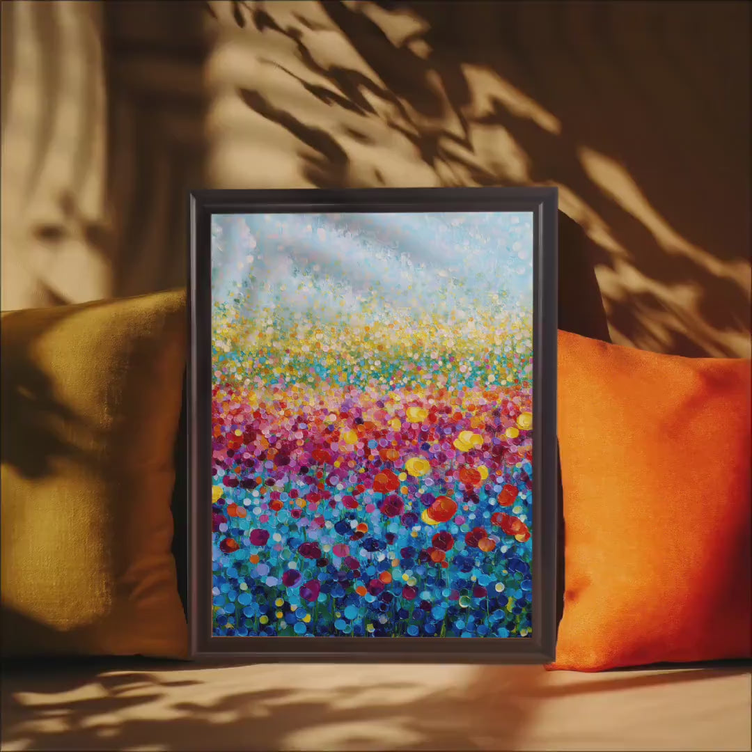 Abstract Impasto Flower Field Wood Framed Art Print