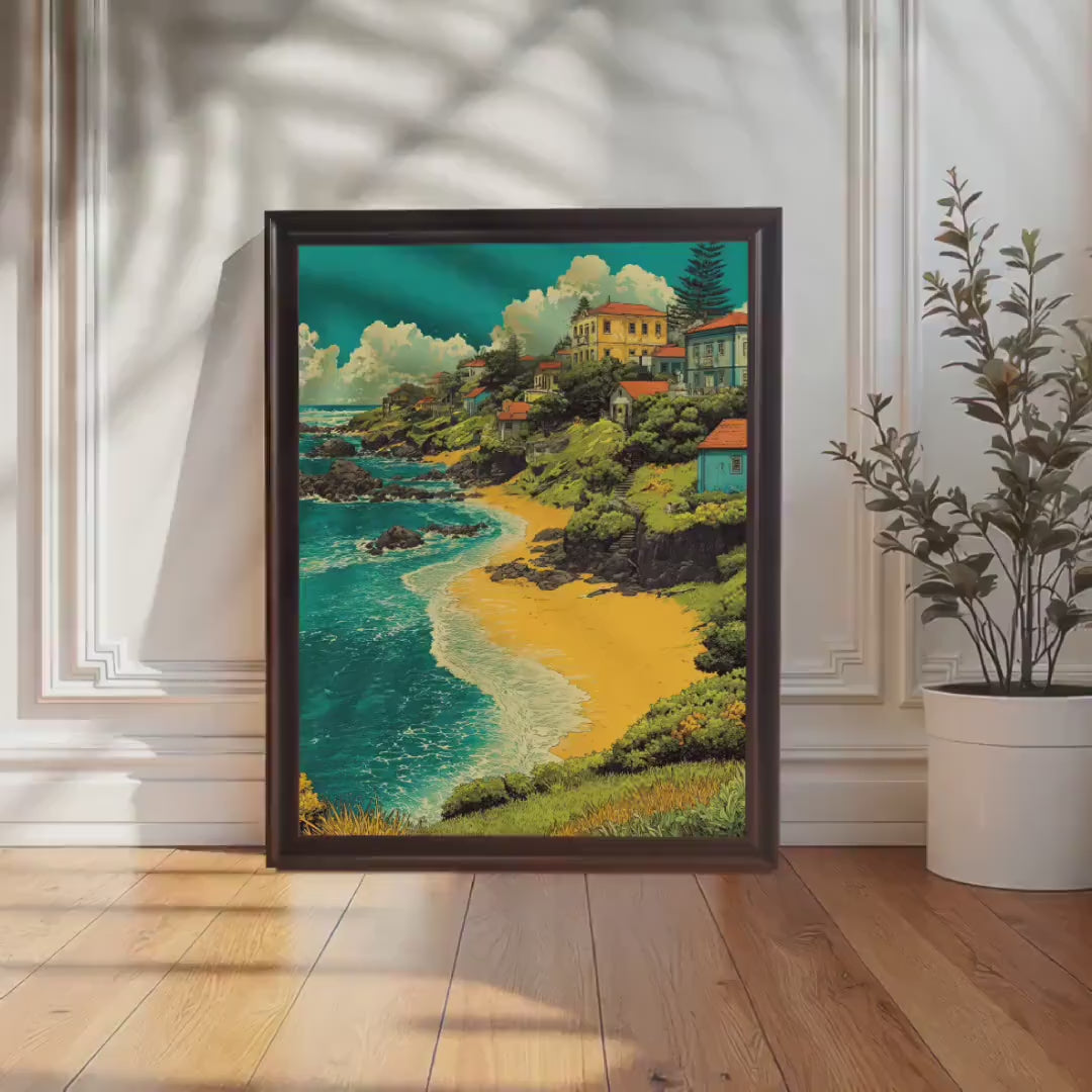 Mediterranean Coastal Town Landscape Painting Wall Art Print with Wood Frame