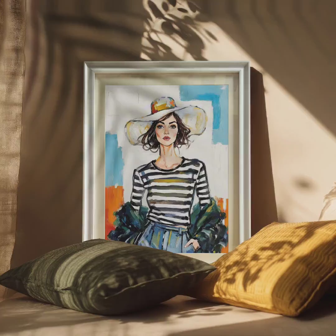 Woman with Hat Portrait: Framed Giclée Art Print on Wood