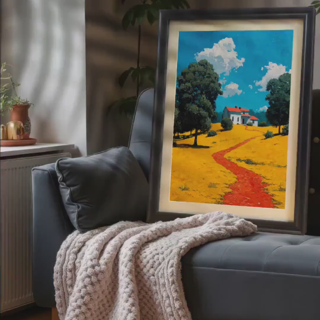 Red Path Yellow Field Landscape Wood Framed Wall Art Print