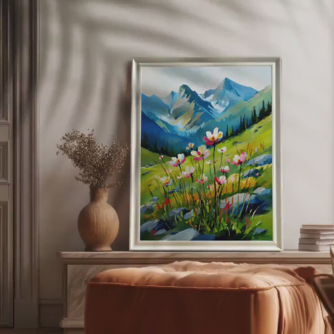 Mountain Wildflower Landscape Watercolor Painting Print Wood Framed Wall Art Decor