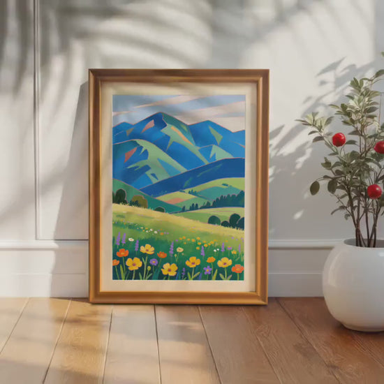 Mountain Meadow Wildflower Landscape Painting Print Wood Framed Wall Art Decor