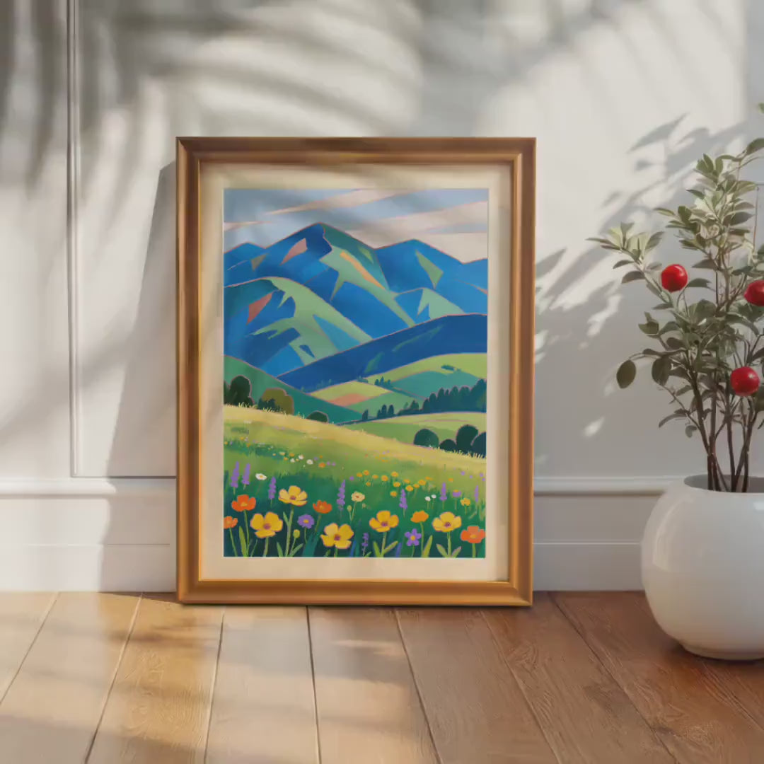 Mountain Meadow Wildflower Landscape Painting Print Wood Framed Wall Art Decor