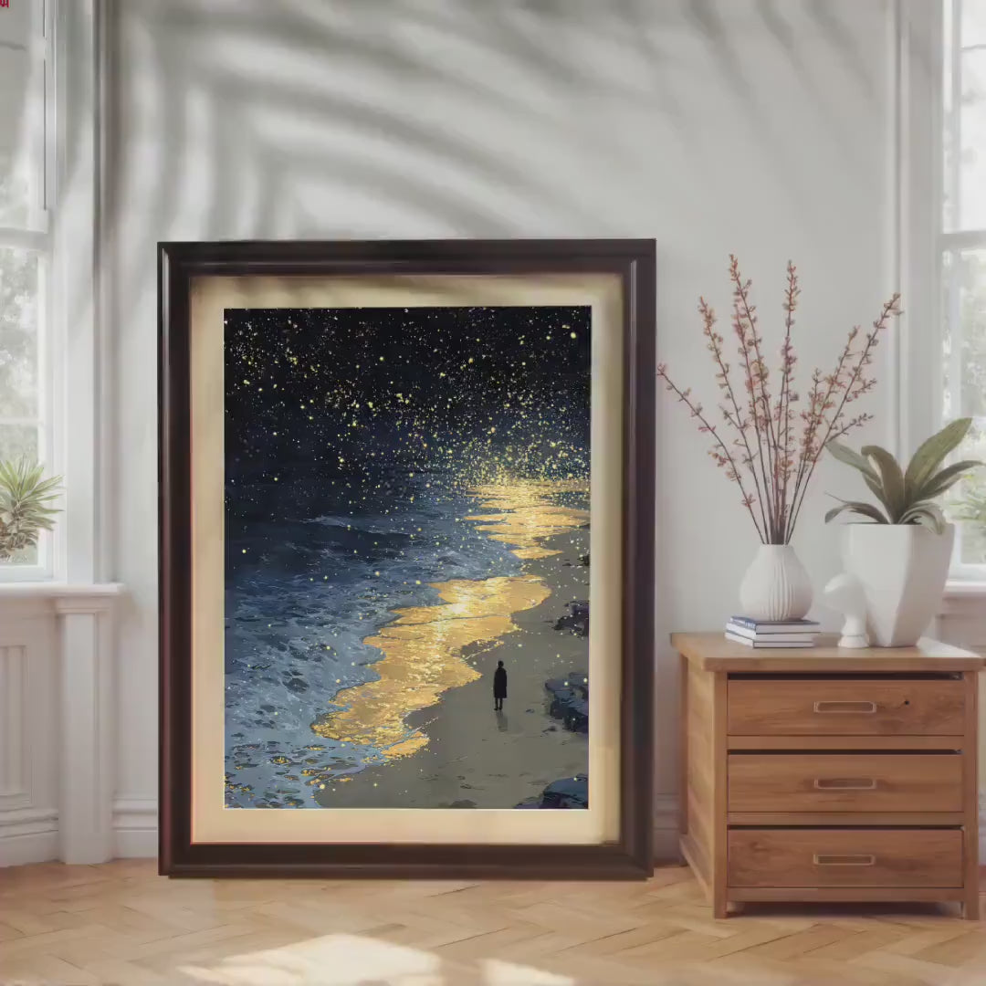 Starry Night Beach Seascape Painting Print Wood Framed Wall Art Decor