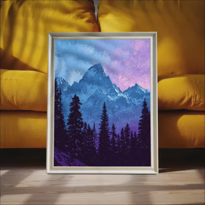 Physical Wood Framed Purple Mountain Forest Art Print | Synthwave Retro Landscape Poster