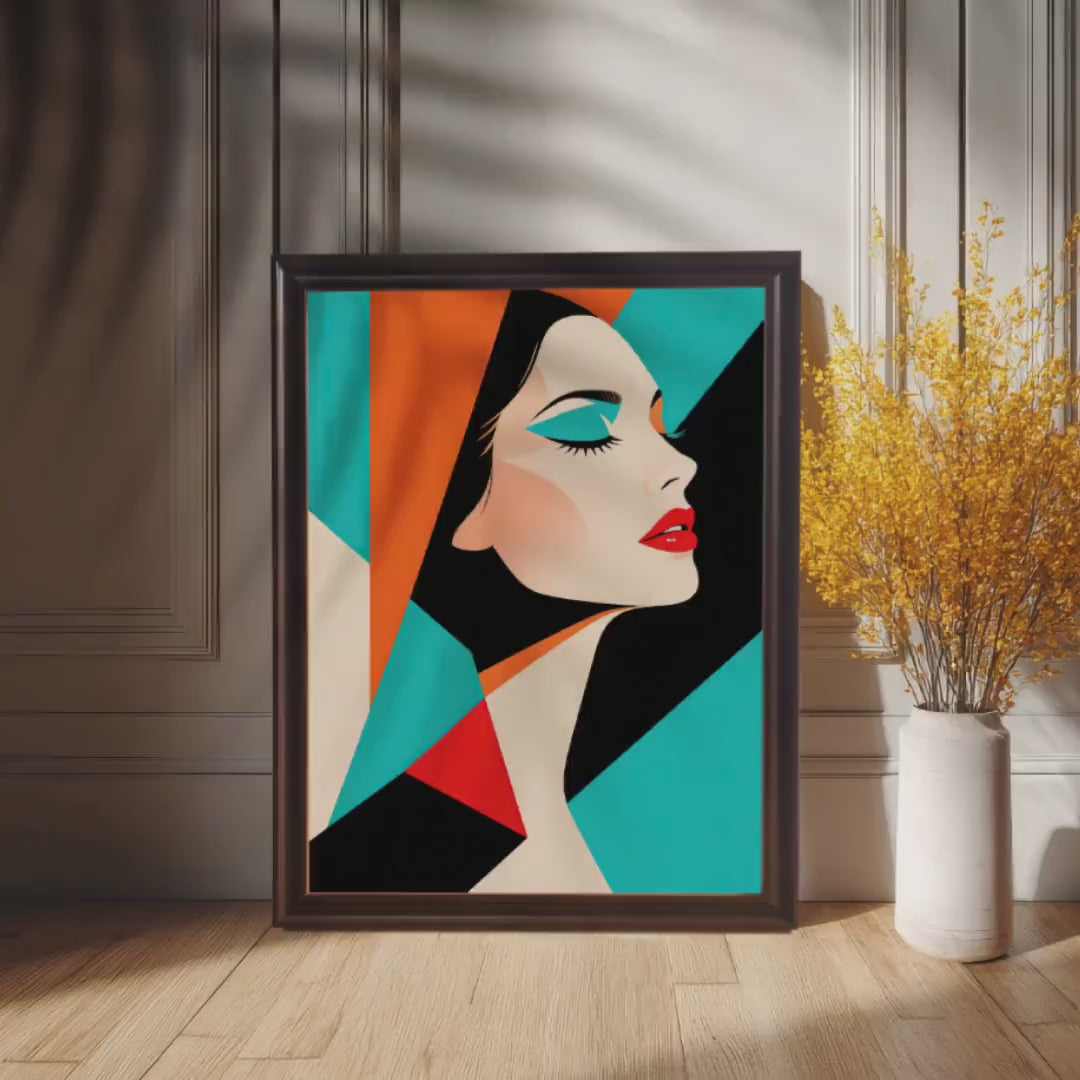 Geometric Abstract Woman Portrait Print, Wood Framed Wall Art