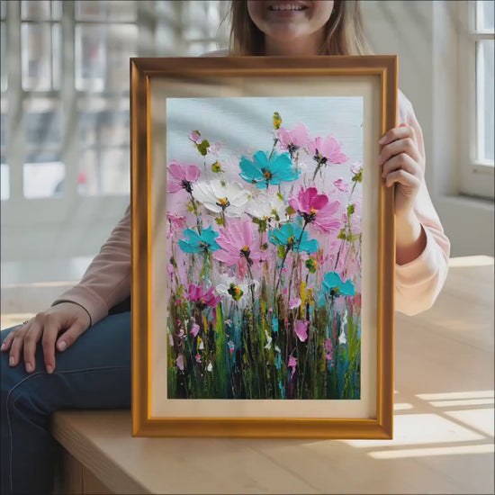 Impasto Floral Wall Art Print: Pink & Teal Flower Painting, Wood Frame