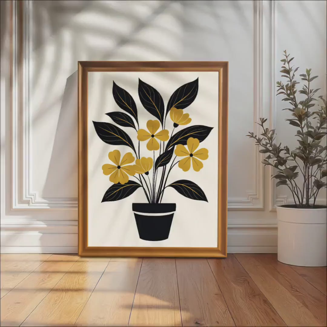Botanical Giclée Print | Black & Gold Flower, Wood Frame