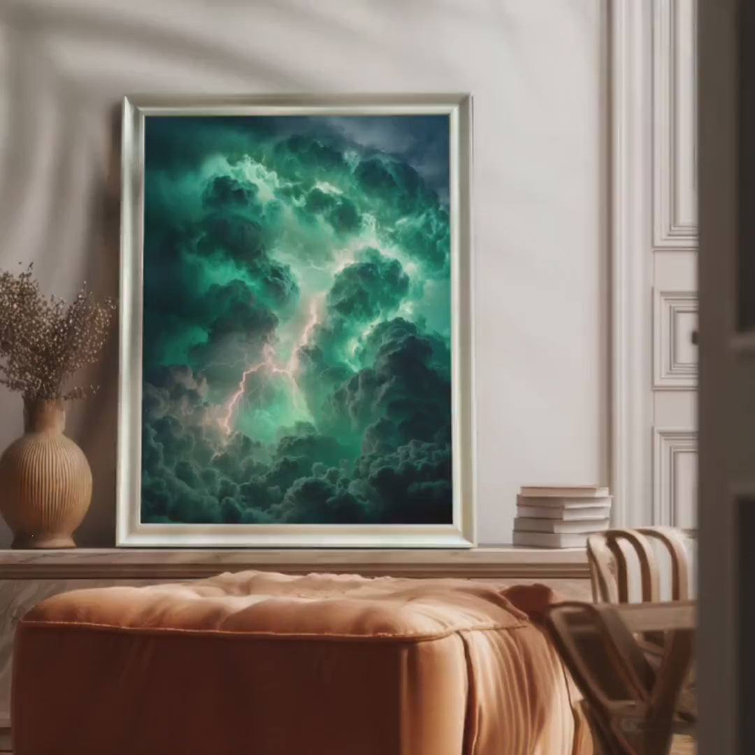 Emerald Green Storm Clouds Wood Framed Art Print, Lightning Sky Poster