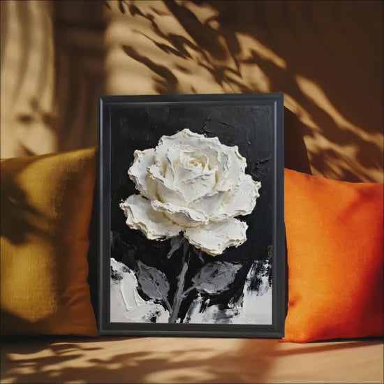 Textured White Rose Painting Art Print, Black White Floral Giclée, Wood Framed Wall Poster