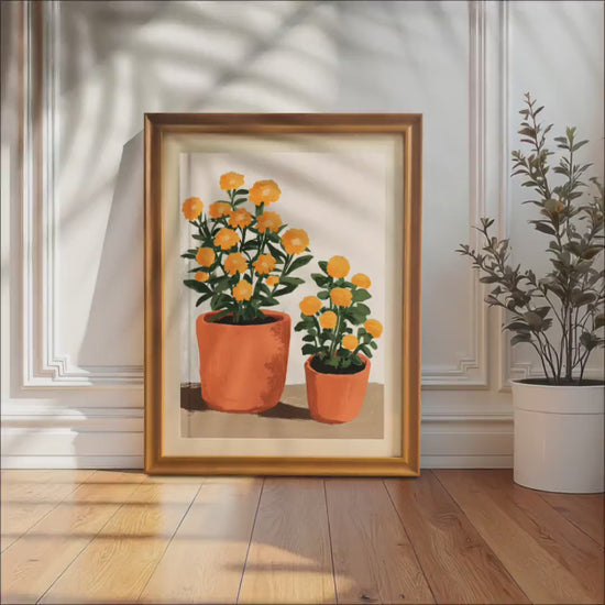 Potted Orange Marigold Flower Art Print: Wood Frame, Modern Home Wall Decor