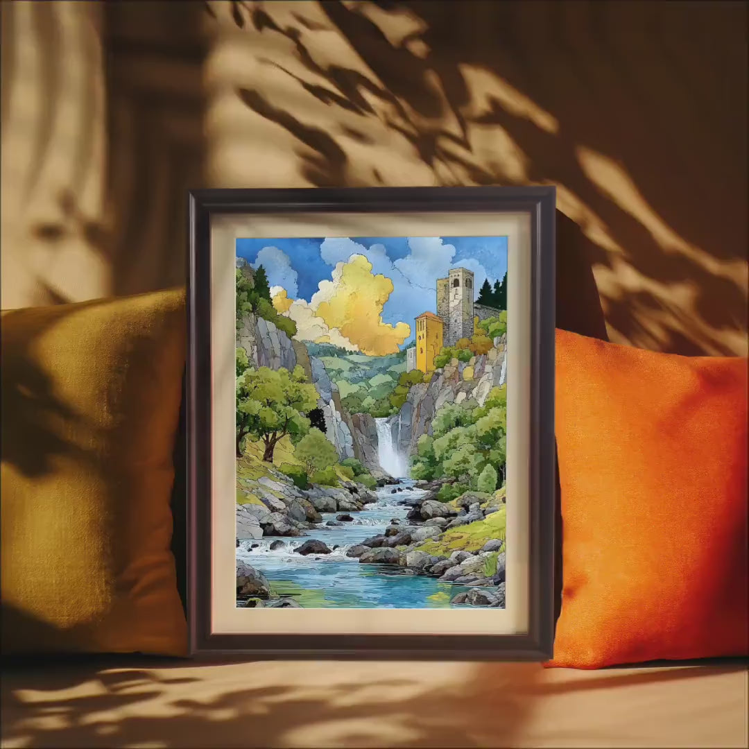 Watercolor Castle Waterfall Art Print: Medieval Landscape, Wood Frame, Wall Decor