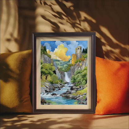 Watercolor Castle Waterfall Art Print: Medieval Landscape, Wood Frame, Wall Decor