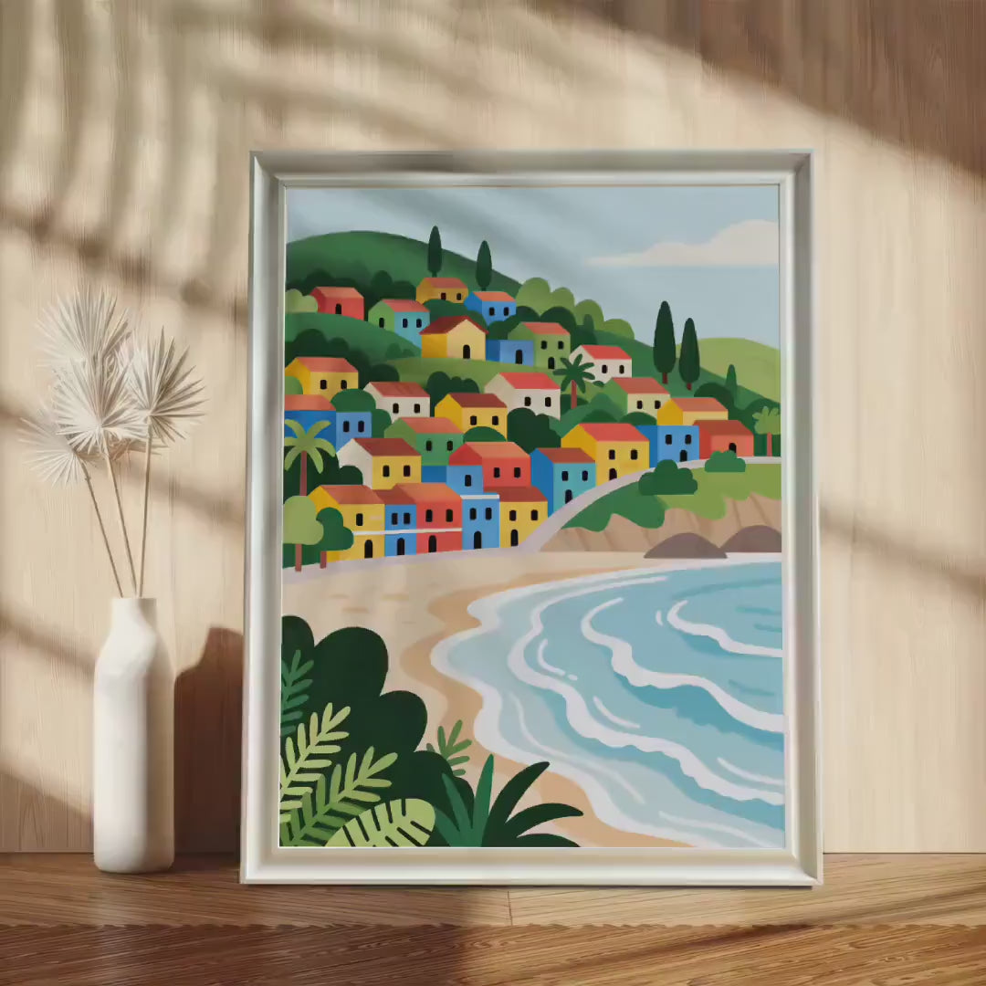 Coastal Beach Village Landscape Minimalist Art Print Wood Framed Wall Decor