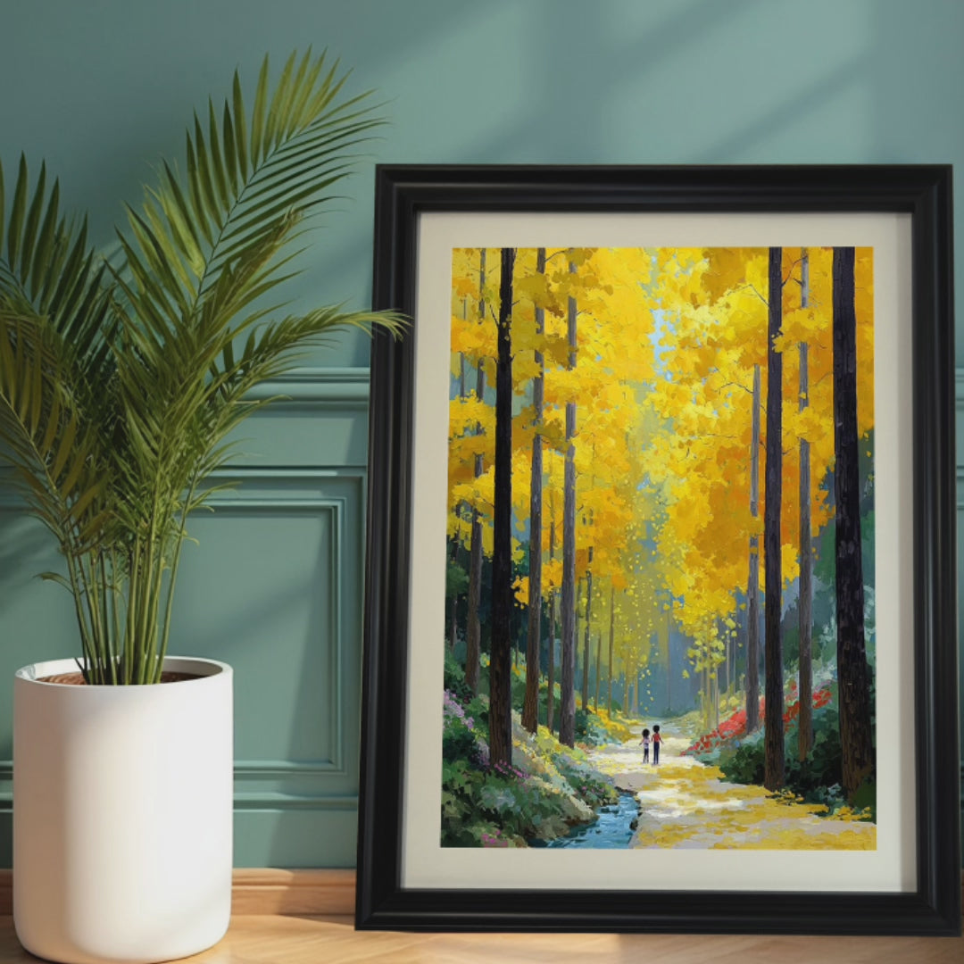 A sequence of interior design shots showcasing a vibrant, impressionist-style painting of a sunlit yellow forest. The video transitions from the framed artwork leaning against a teal wall next to a potted palm, to the same piece hung above a brown leather sofa with decorative pillows, finally displaying a 'Miracle Wall' logo over the image.