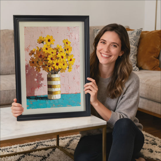 A smiling woman sits on a rug in a modern living room, holding a black-framed art print of yellow wildflowers in a gold-striped vase.