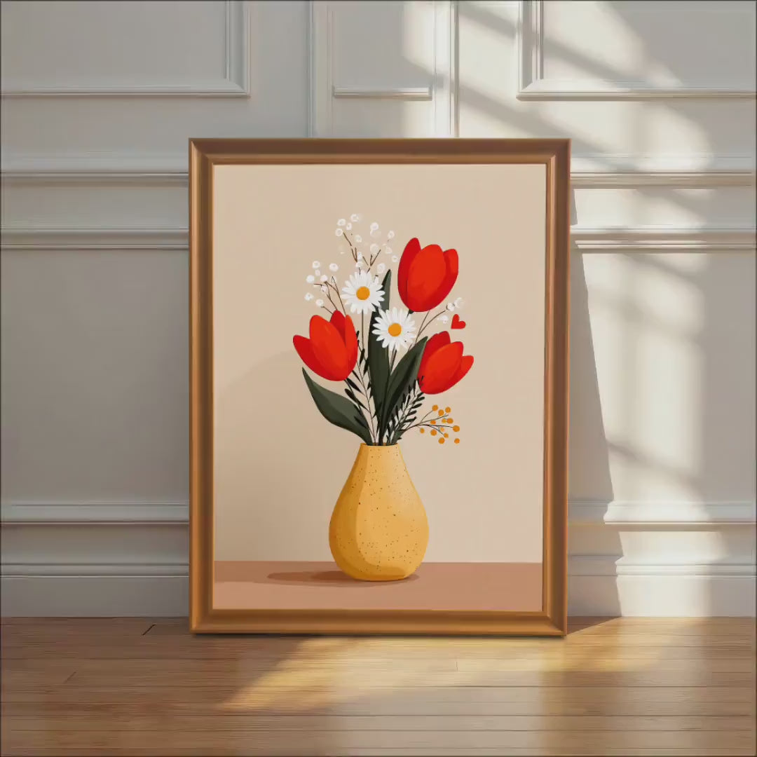 Red Tulip Daisy Art Print: Yellow Vase, Minimalist Floral Giclée, Wood Frame