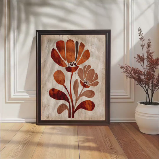 Minimalist Terracotta Floral Art Print: Mid-Century Art, Wood Framed Wall Decor