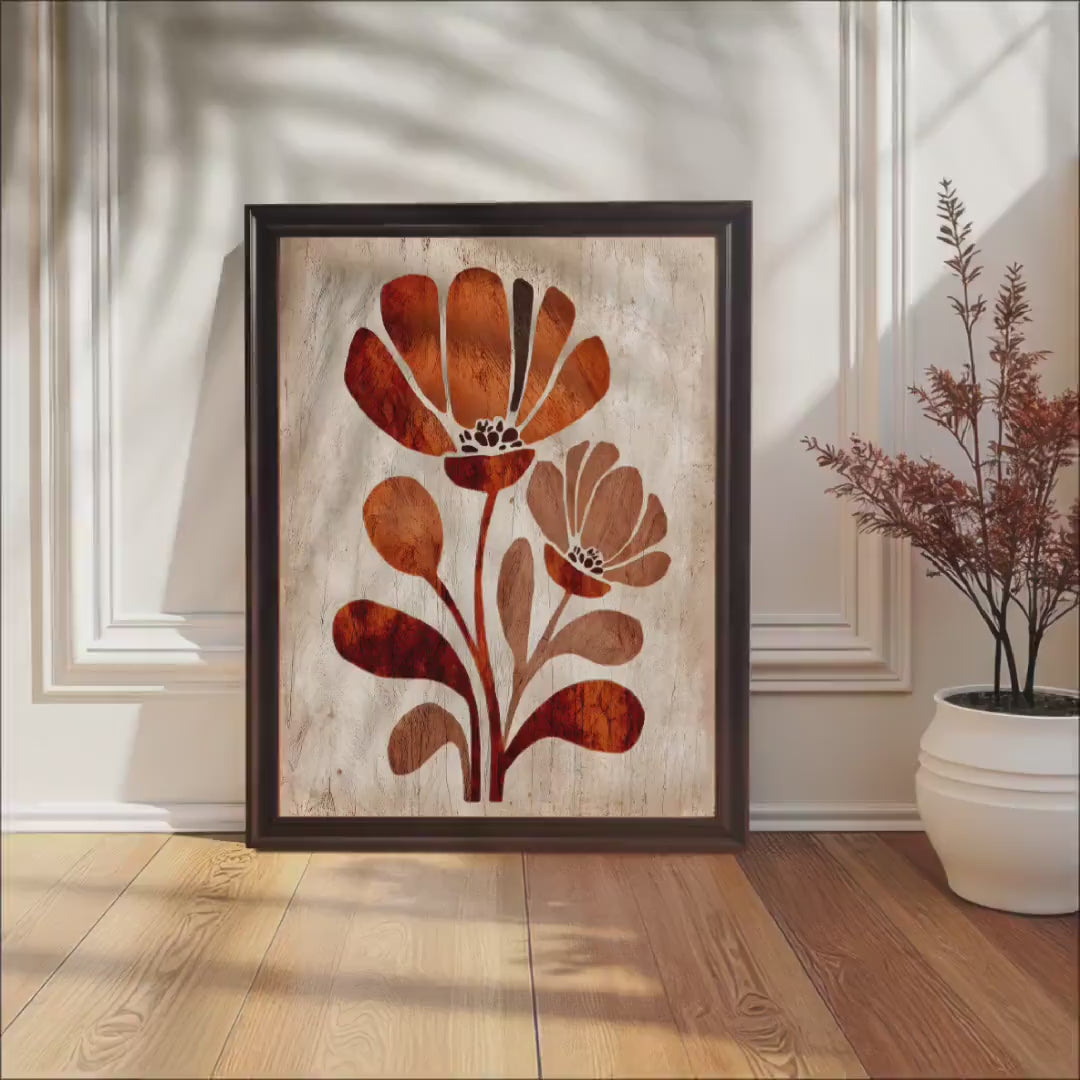Minimalist Terracotta Floral Art Print: Mid-Century Art, Wood Framed Wall Decor