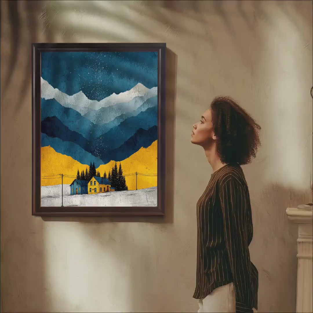Blue Yellow Cabin in Snowy Mountain Landscape Wood Framed Art Print