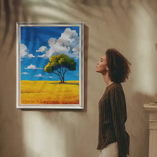 Solitary Tree Golden Field Landscape Watercolor Painting Print in Wood Frame