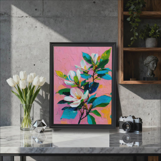 A video showcase of the Pink Magnolia Impasto Wood Framed Floral Wall Art Print, featuring the artwork displayed in a modern marble-top office and being held by a woman and a golden retriever puppy to highlight its vibrant colors and high-quality wooden frame.