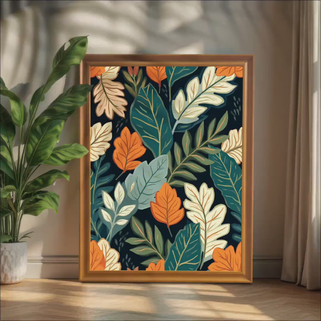 Colorful Leaf Pattern Framed Wall Art – Giclée Print in Solid Wood Frame