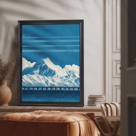 Wood Framed Snowy Mountain Pier Landscape Art Wall Print