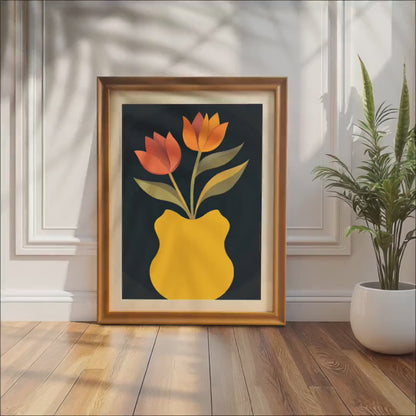 Orange Tulip Giclée Art Print: Vintage Floral Vase, Wood Frame