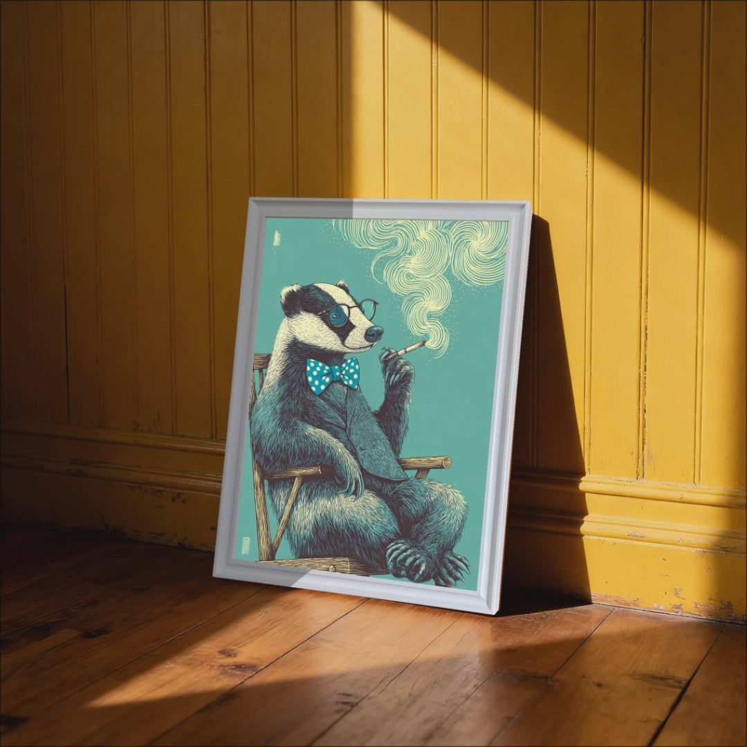 A sophisticated badger sits comfortably in a wooden chair, wearing a dark suit, a polka-dot bowtie, and glasses. It holds a long pipe, from which intricate, swirling patterns of cream-colored smoke rise against a teal background.