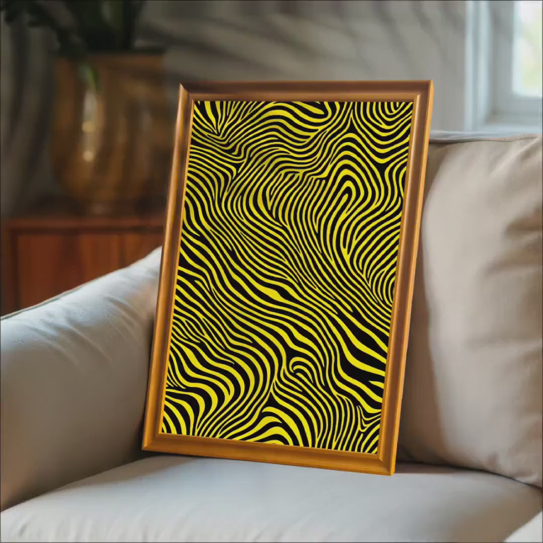 Abstract Yellow Black Wavy Lines Wall Print: Optical Illusion Art, Wood Frame