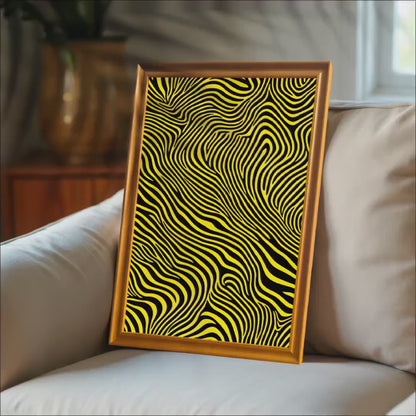 Abstract Yellow Black Wavy Lines Wall Print: Optical Illusion Art, Wood Frame