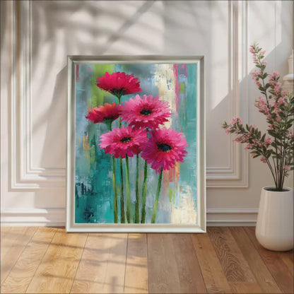 Vibrant Pink Gerbera Daisy Flower Oil Painting Style Wood Framed Wall Art Print