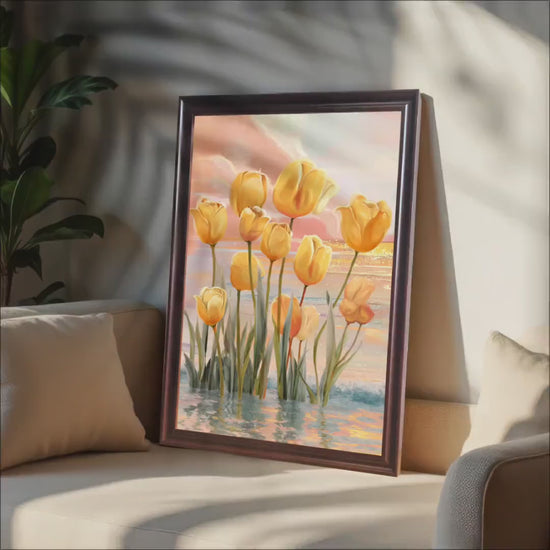 Golden Yellow Tulip Art Print: Flower Painting, Wood Frame, Wall Decor