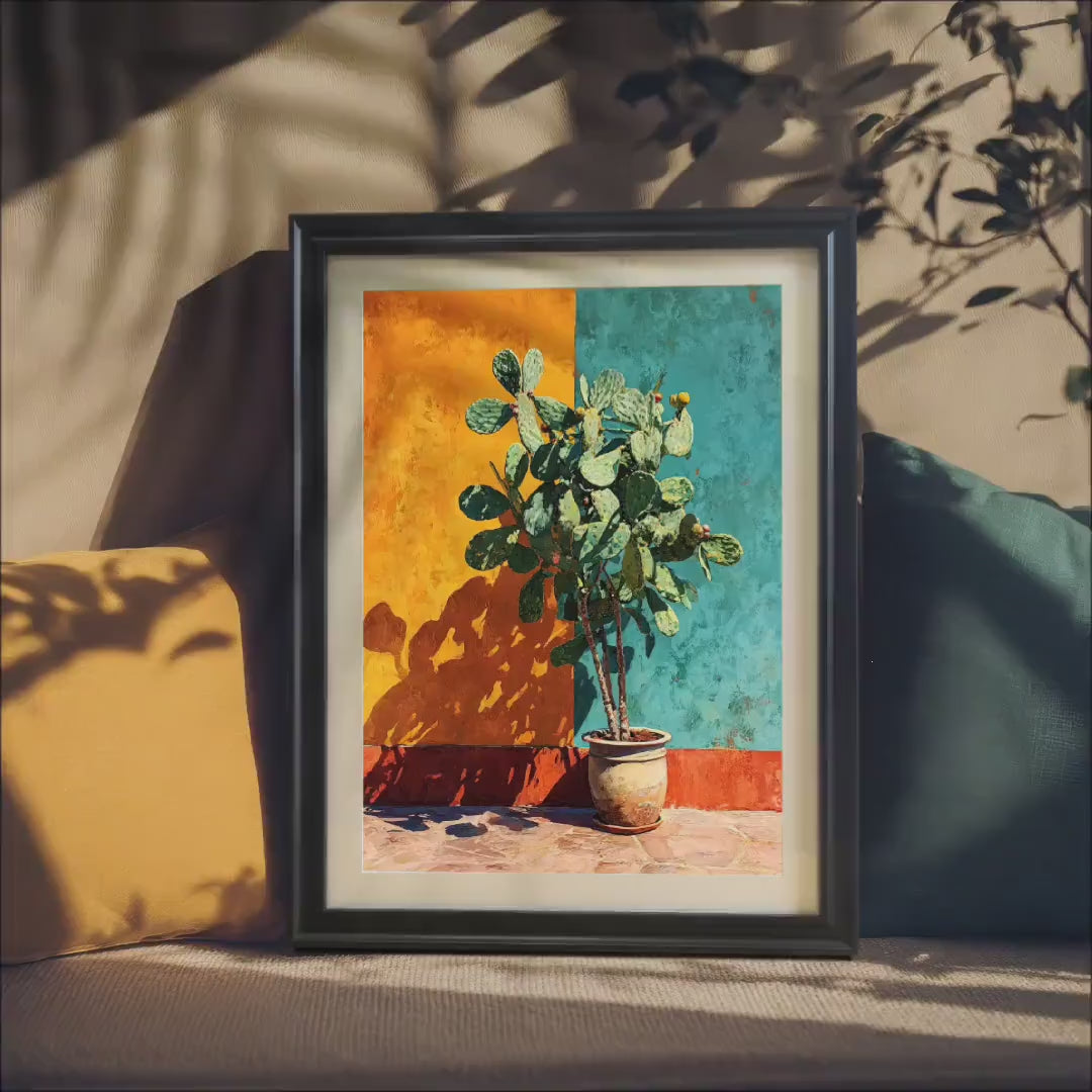 Textured Cactus Art Print: Orange & Teal Wall Decor, Wood Frame