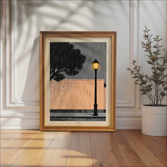Vintage Style Urban Rainy Night Street Lamp Landscape Art Print | Wood Framed Wall Decor