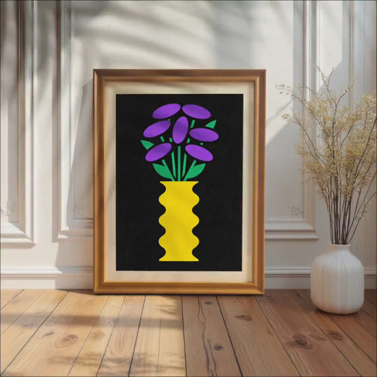 Abstract Geometric Purple Flower Vase Art Print - Wood Framed Giclée, Wall Decor