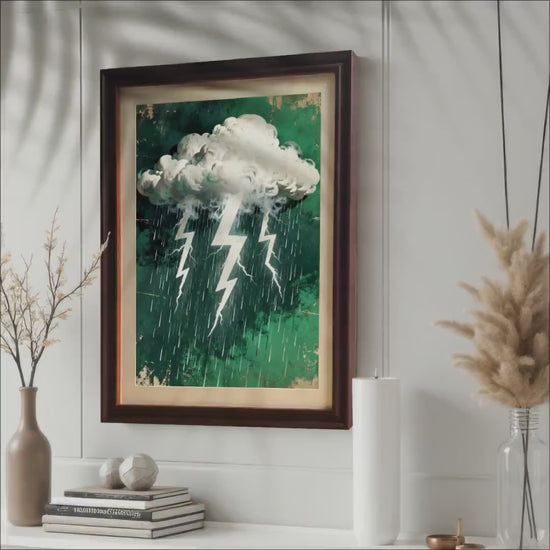 Dark Green Rain and Lightning Thunderstorm Art Print |  Wall Decor | Wood Framed Giclee Poster