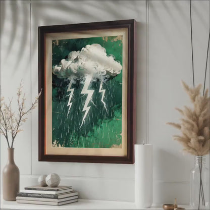 Dark Green Rain and Lightning Thunderstorm Art Print |  Wall Decor | Wood Framed Giclee Poster
