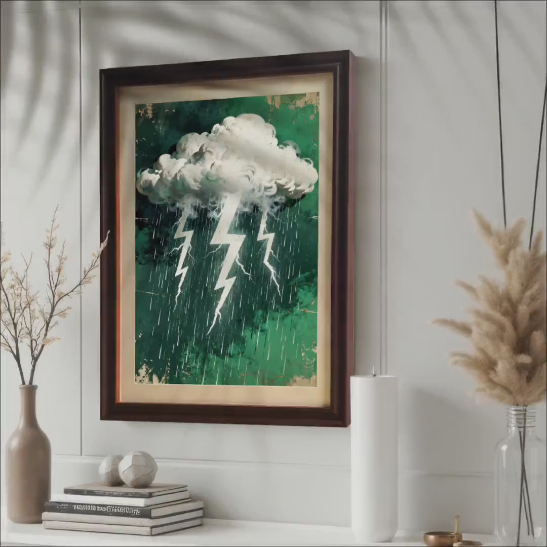 Dark Green Rain and Lightning Thunderstorm Art Print |  Wall Decor | Wood Framed Giclee Poster