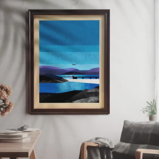 Minimalist Blue Landscape Framed Wood Wall Art - Modern Abstract Mountain Print on Giclee Paper