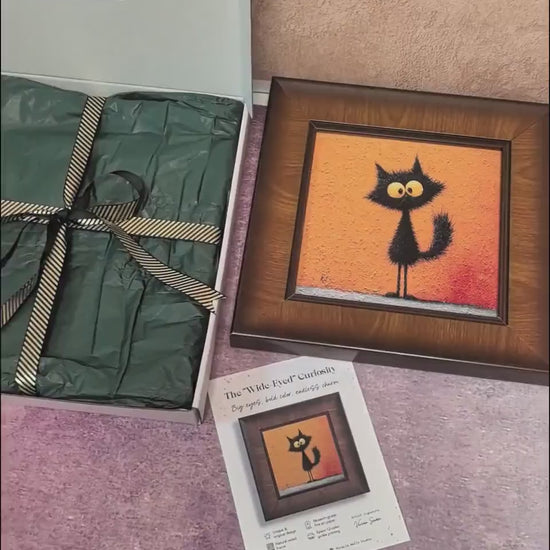 Whimsical Black Cat Wood Square Framed Wall Art Giclée Print