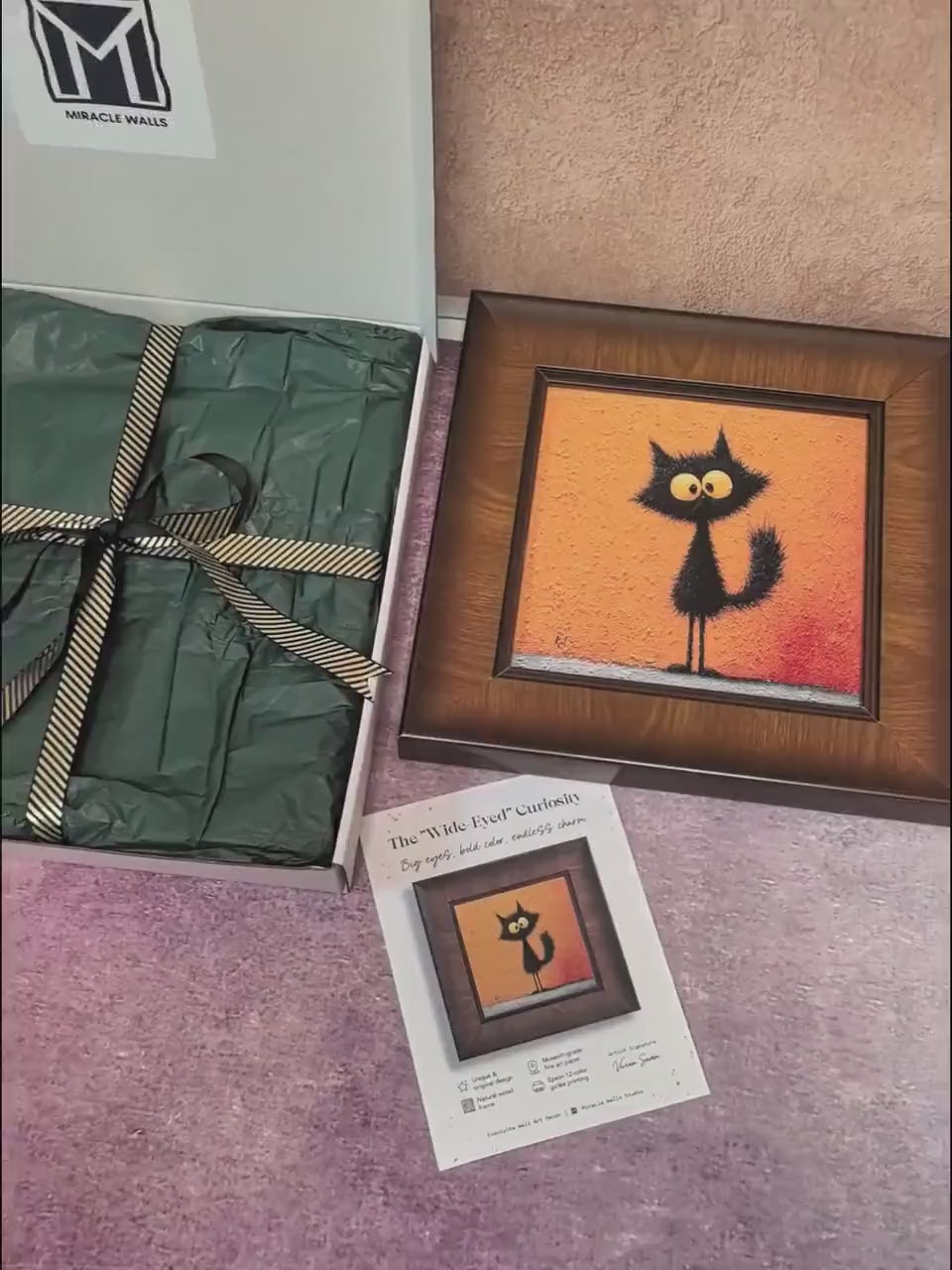 Whimsical Black Cat Wood Square Framed Wall Art Giclée Print