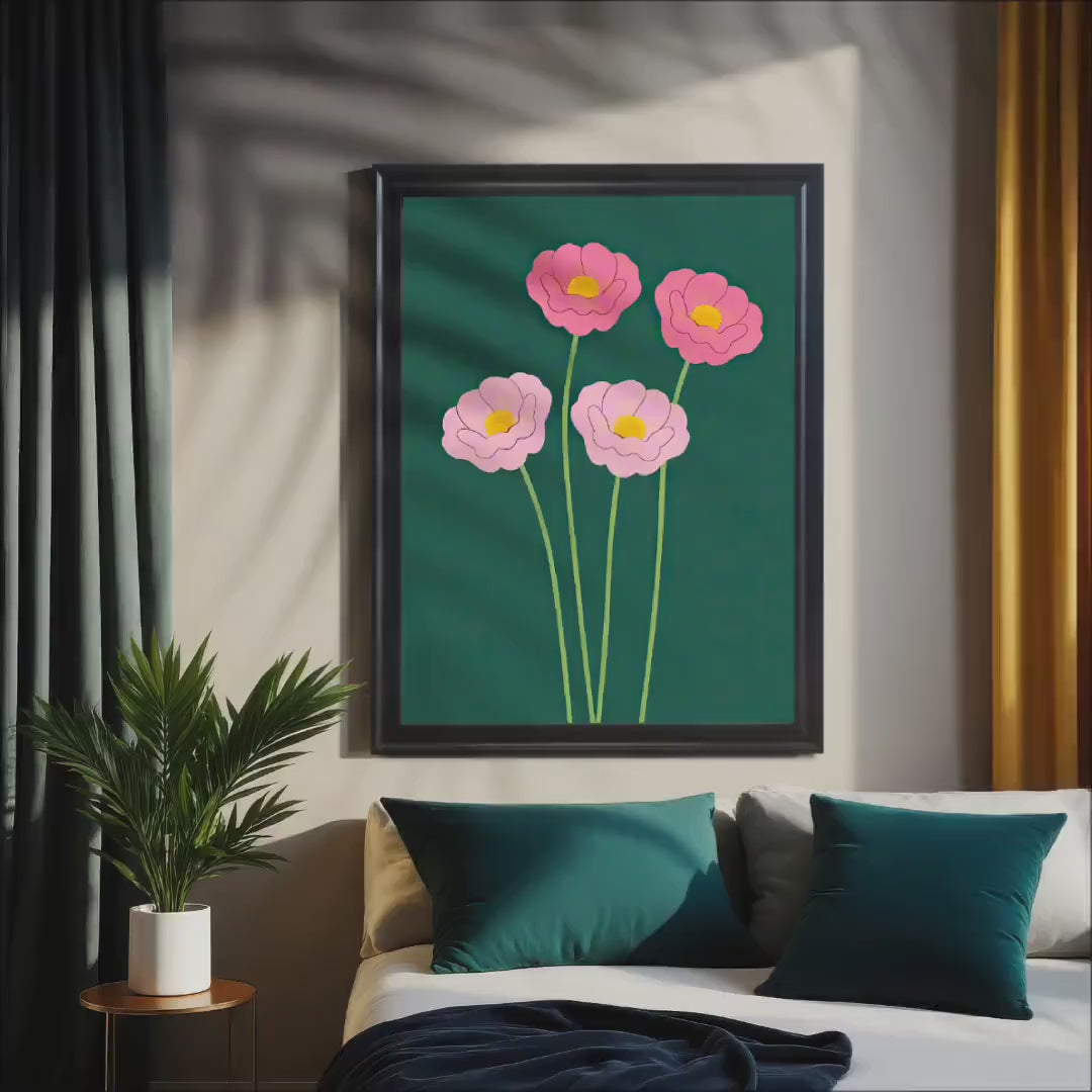 Minimalist Pink Flowers Wall Art Print | Emerald Green Floral Poster | Wood Framed Decor