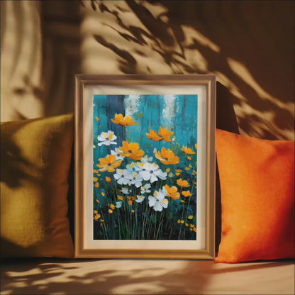 Orange and White Floral Landscape Oil Painting Art Print Wood Framed Wall Decor